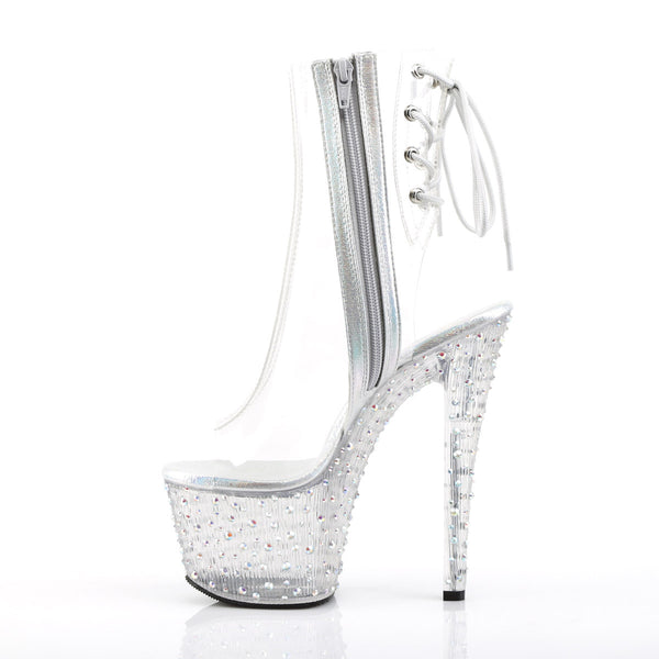7" Heel, 2 3/4" PF Open Toe/Heel Ankle Boot, Side Zip Clr/Clr-Slv Multi RS Pleaser Pleaser STARDANCE/1018C/7
