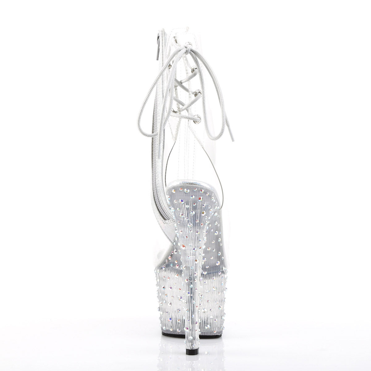 7" Heel, 2 3/4" PF Open Toe/Heel Ankle Boot, Side Zip Clr/Clr-Slv Multi RS Pleaser Pleaser STARDANCE/1018C/7