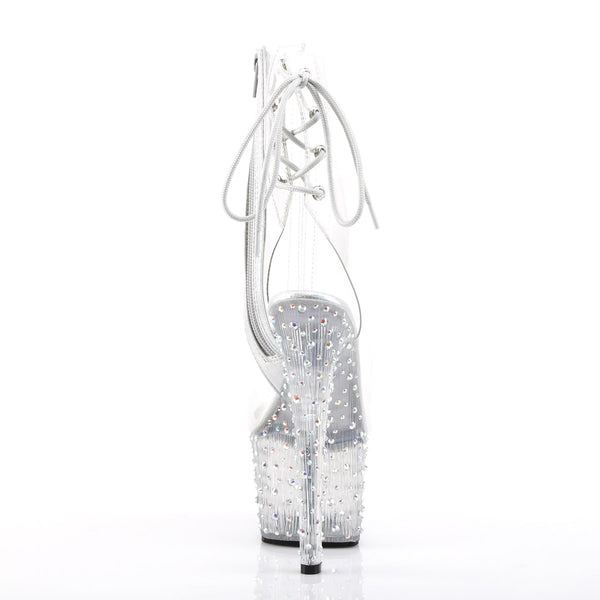 7" Heel, 2 3/4" PF Open Toe/Heel Ankle Boot, Side Zip Clr/Clr-Slv Multi RS Pleaser Pleaser STARDANCE/1018C/7
