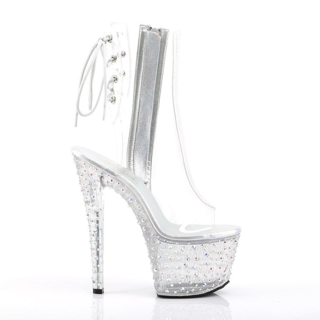 7" Heel, 2 3/4" PF Open Toe/Heel Ankle Boot, Side Zip Clr/Clr-Slv Multi RS Pleaser Pleaser STARDANCE/1018C/7
