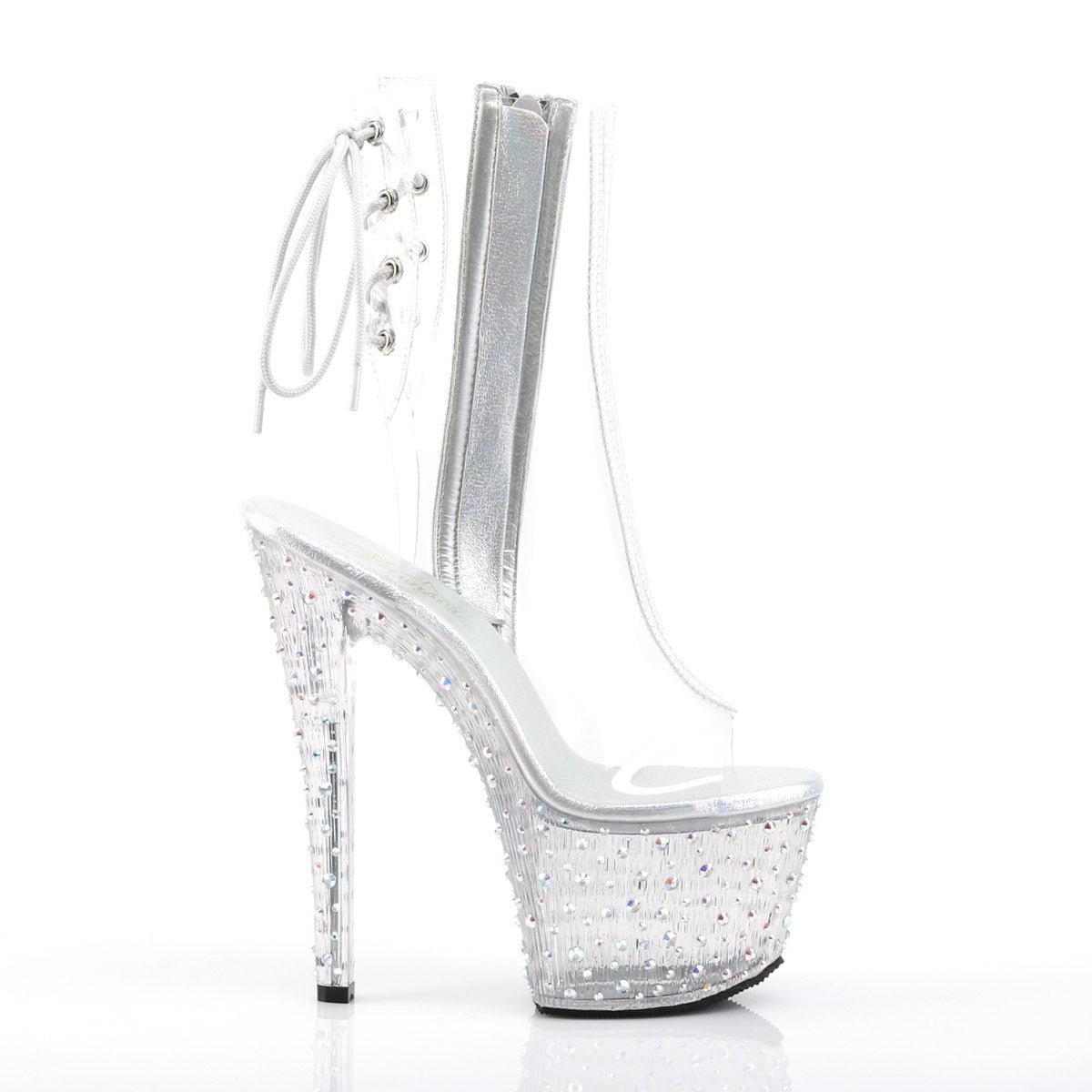 7" Heel, 2 3/4" PF Open Toe/Heel Ankle Boot, Side Zip Clr/Clr-Slv Multi RS Pleaser Pleaser STARDANCE/1018C/7