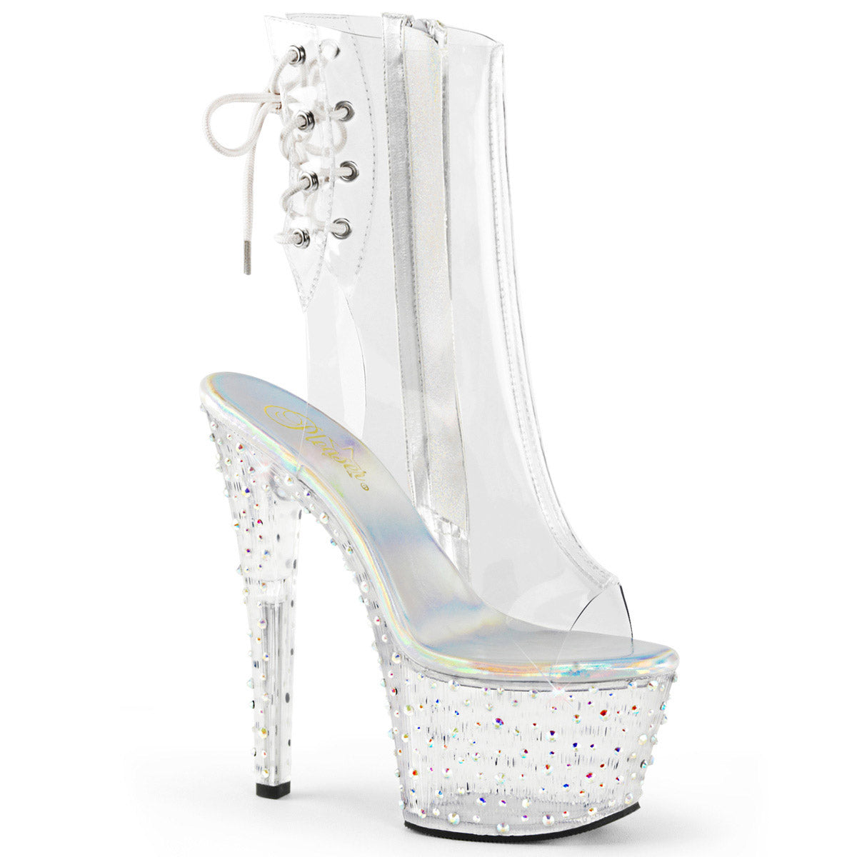 7" Heel, 2 3/4" PF Open Toe/Heel Ankle Boot, Side Zip Clr/Clr-Slv Multi RS Pleaser Pleaser STARDANCE/1018C/7