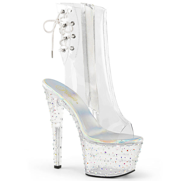 7" Heel, 2 3/4" PF Open Toe/Heel Ankle Boot, Side Zip Clr/Clr-Slv Multi RS Pleaser Pleaser STARDANCE/1018C/7