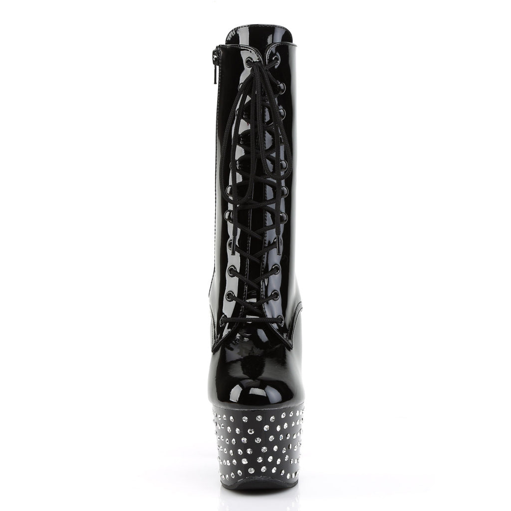 7" Heel, 2 3/4" RS Studded PF Lace-Up Ankle Boot, Side Zip Blk/Blk Pleaser Pleaser STARDUST/1020/7