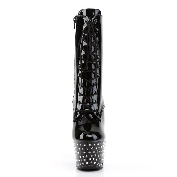 7" Heel, 2 3/4" RS Studded PF Lace-Up Ankle Boot, Side Zip Blk/Blk Pleaser Pleaser STARDUST/1020/7