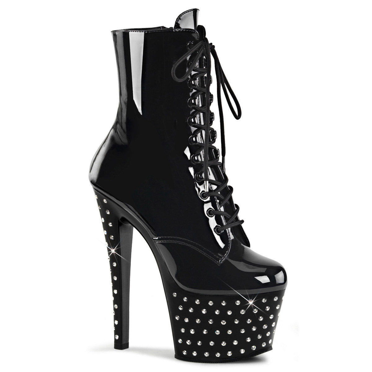 7" Heel, 2 3/4" RS Studded PF Lace-Up Ankle Boot, Side Zip Blk/Blk Pleaser Pleaser STARDUST/1020/7