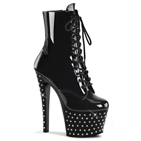 7" Heel, 2 3/4" RS Studded PF Lace-Up Ankle Boot, Side Zip Blk/Blk Pleaser Pleaser STARDUST/1020/7