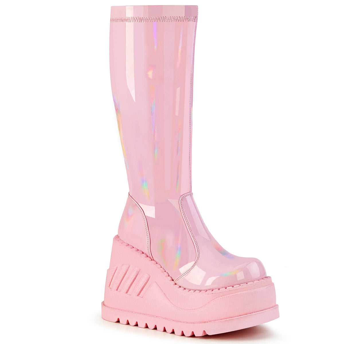 4" Wedge PF STR Knee High Boot, Back Zip Pleaser Demonia STOMP/200