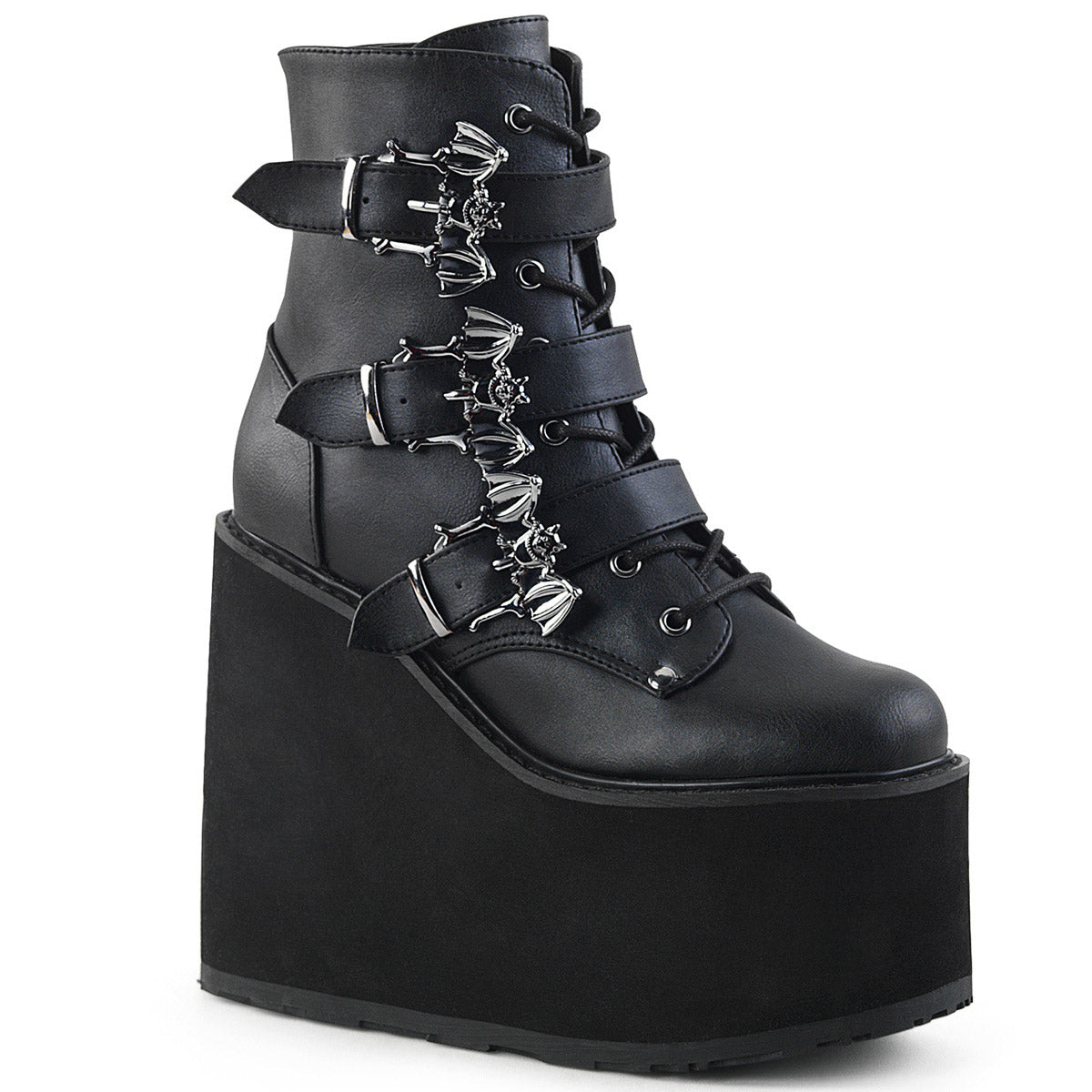 5 1/2" PF Lace-Up Ankle Boot w/ 3 Buckle Straps, Side Zip Pleaser Demonia SWING/103 Main image