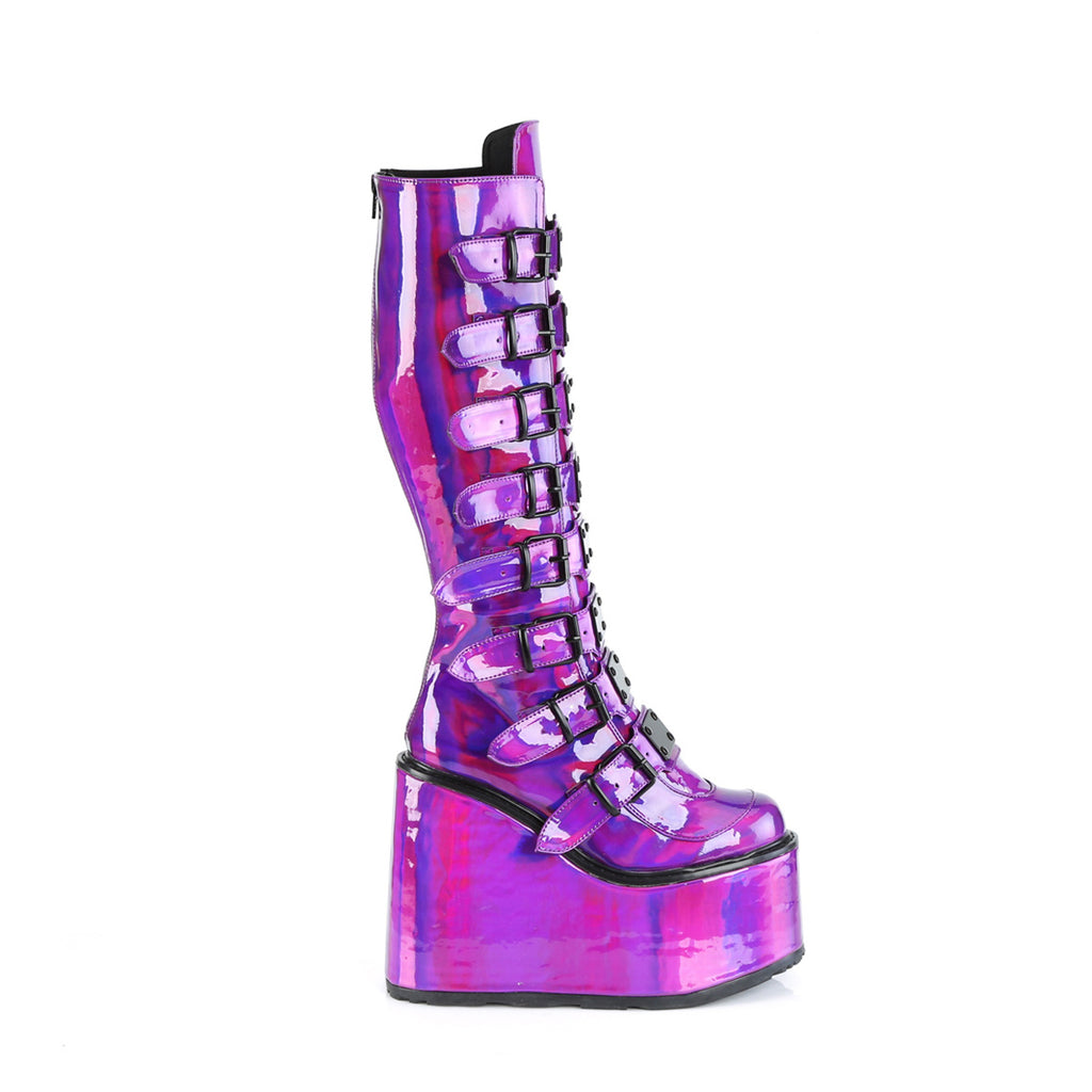 5 1/2" Pf Knee High Boot W/ 8 Buckle Straps, Back Metal Zip Pleaser Demonia SWI815/PPHG