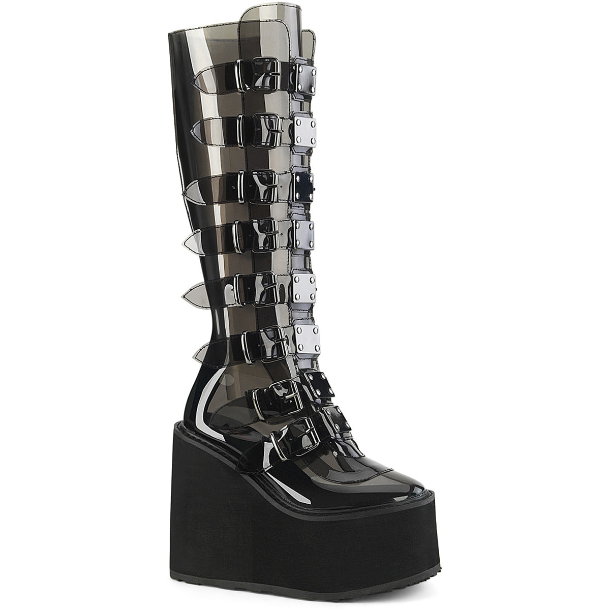 5 1/2" Pf Knee High Boot W/ 8 Buckle Straps, Back Metal Zip Pleaser Demonia SWING/815C