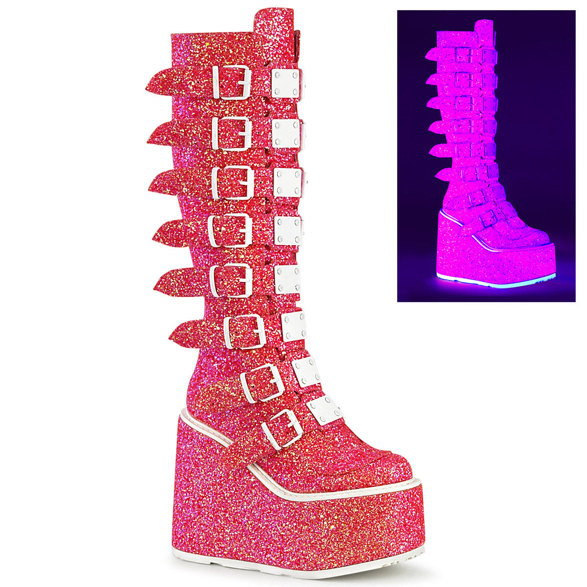 5" PF Knee High Boot w/ 8 Buckle Straps, Back Metal Zip Pleaser Demonia SWING/815UV Main image