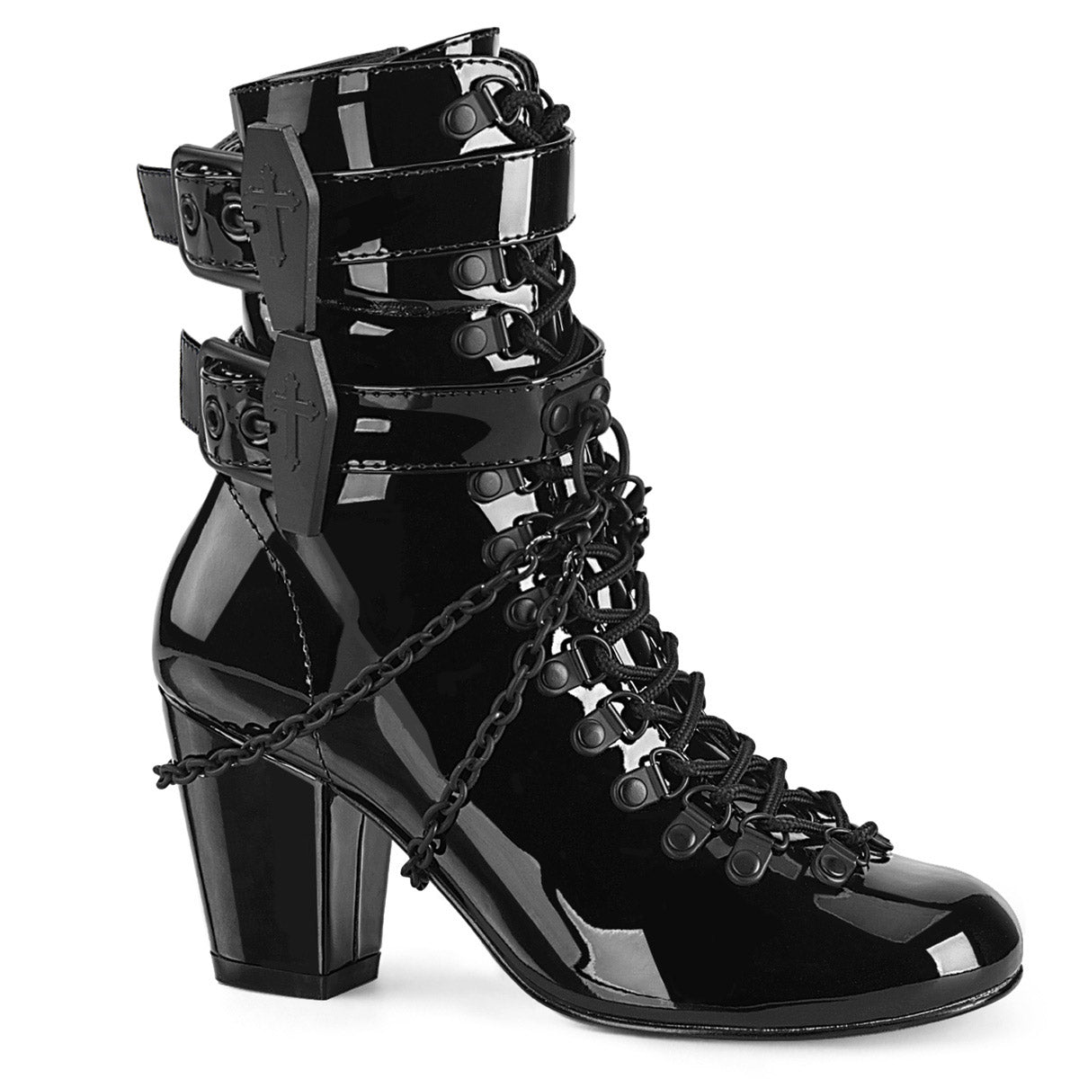 3" Block Heel Round Toe D-ring Lace-Up Ankle Boot, Size Zip Pleaser Demonia VIVIKA/128 Main image
