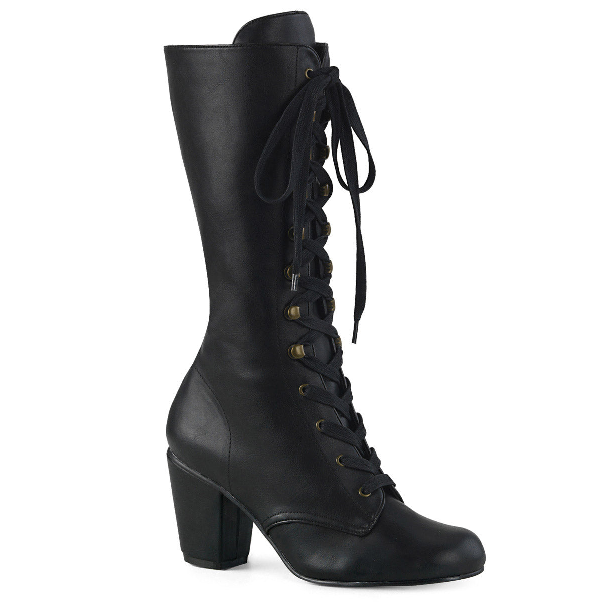 3" Block Heel Round Toe Lace-Up Mid-Calf Boot, Size Zip Pleaser Demonia VIVIKA/205 Main image